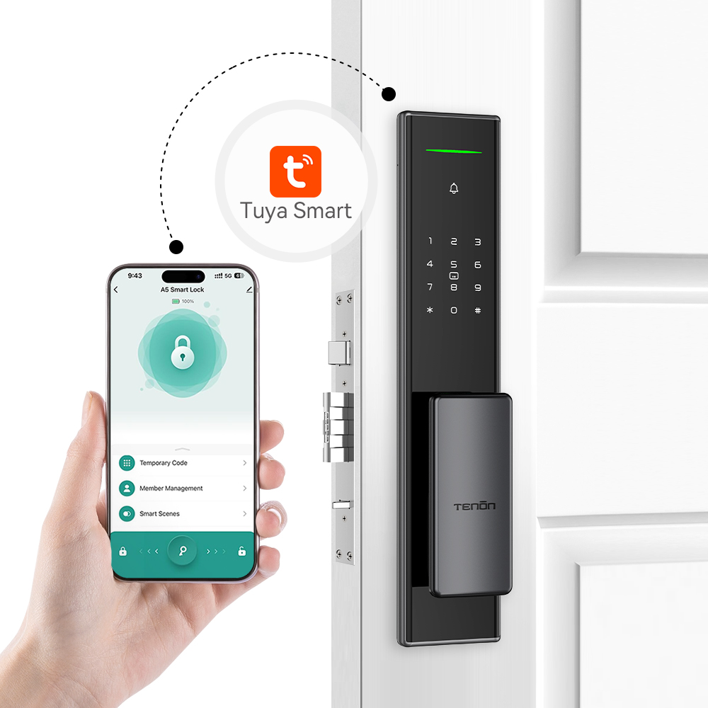Tenon A5 Smart Digital Lock Tuya WiFi Biometric Fingerprint Face Recognition Automatic Outdoor Pull Push Door Key Card App Home