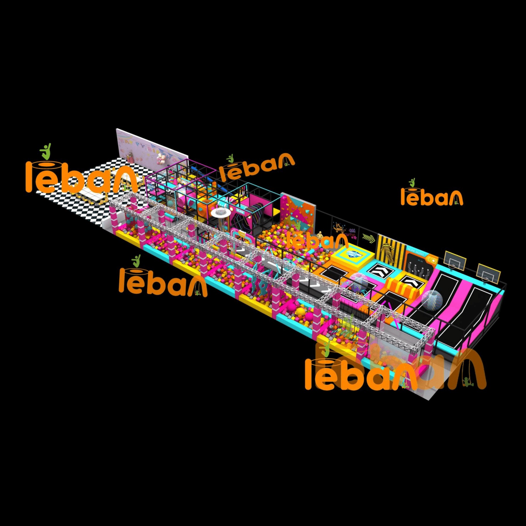 Parque infantil interior con tema deportivo en colores dopamina