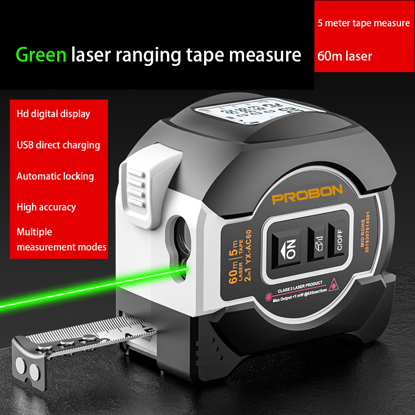 Red light rangefinder tape measure, green light rangefinder rechargeable 60M distance measuring intelligent tape measure, portable room measuring instrument