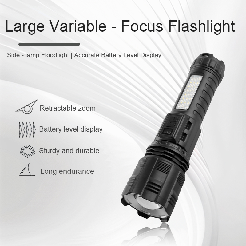 Zoomable Flashlight with Side Fill Light & Power Display - Your All-in-One Lighting Tool.
