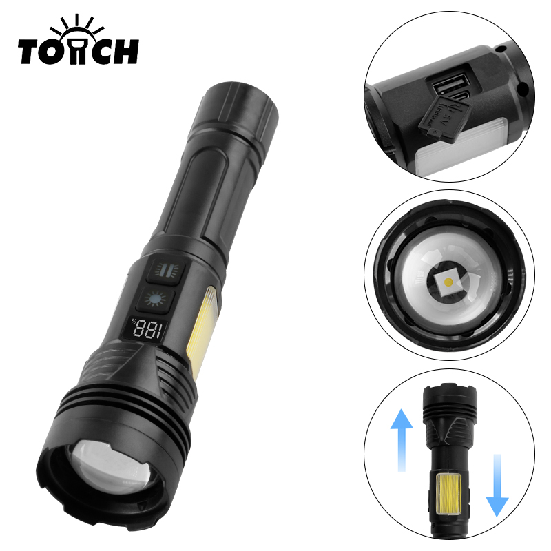 Zoomable Rechargeable LED Flashlight with Side COB Light