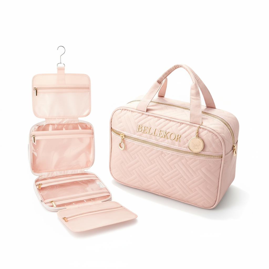مجموعة حقيبة مستلزمات تويلتية BELLEKOR باللون الوردي بتصميم ماسي