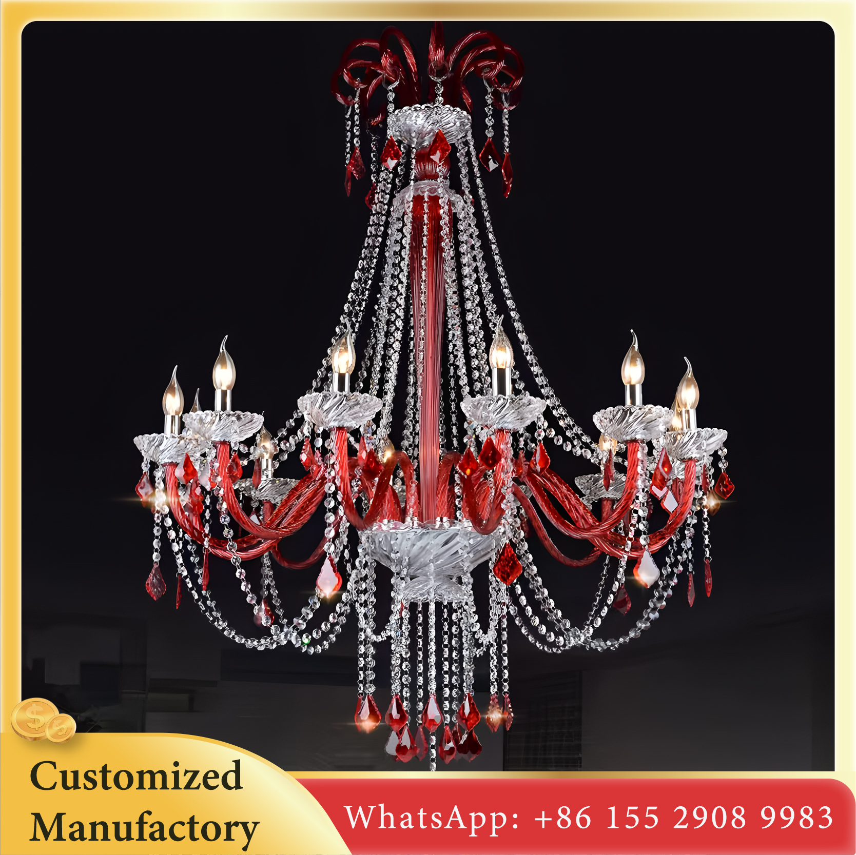 Modern Red Crystal Chandelier Simple Hanging Pendant Lighting for Living Room Bedroom Bar Colorful Glass Fixture for Decor