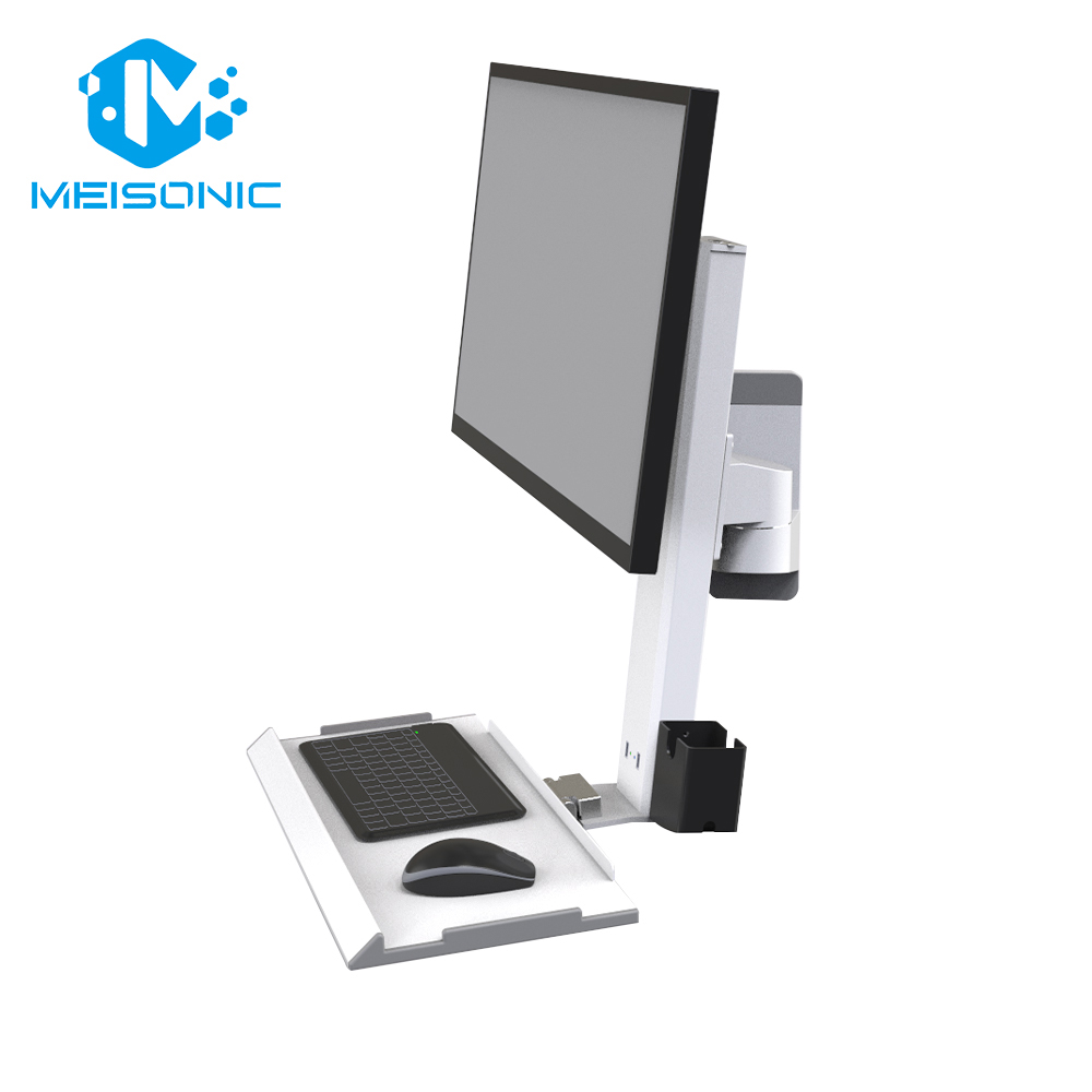 T8-MA00KB White Industrial workstation Gas Spring Monitor Arm Wall Mounted with Keyboard Size 450 mm Screen Rotation 360°