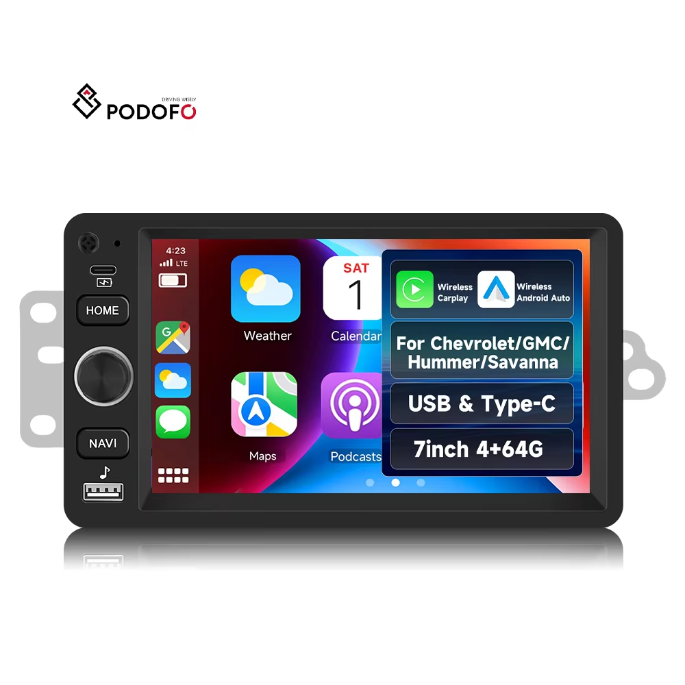 רדיו לרכב אנדרואיד של Podofo, 4+64 ג'יגה-בייט, ל-Chevrolet, GMC, Hummer, Savanna, מסך 7 אינץ', סטריאו לרכב, CarPlay אלחוטי‏/Android Auto, GPS, ו-Fi WiFi, שקול אקוסטי (EQ), מכירה סיטונאית, יצרן מקורי (OEM), פיתוח ויצור לפי דרישה (ODM), מודל A4523