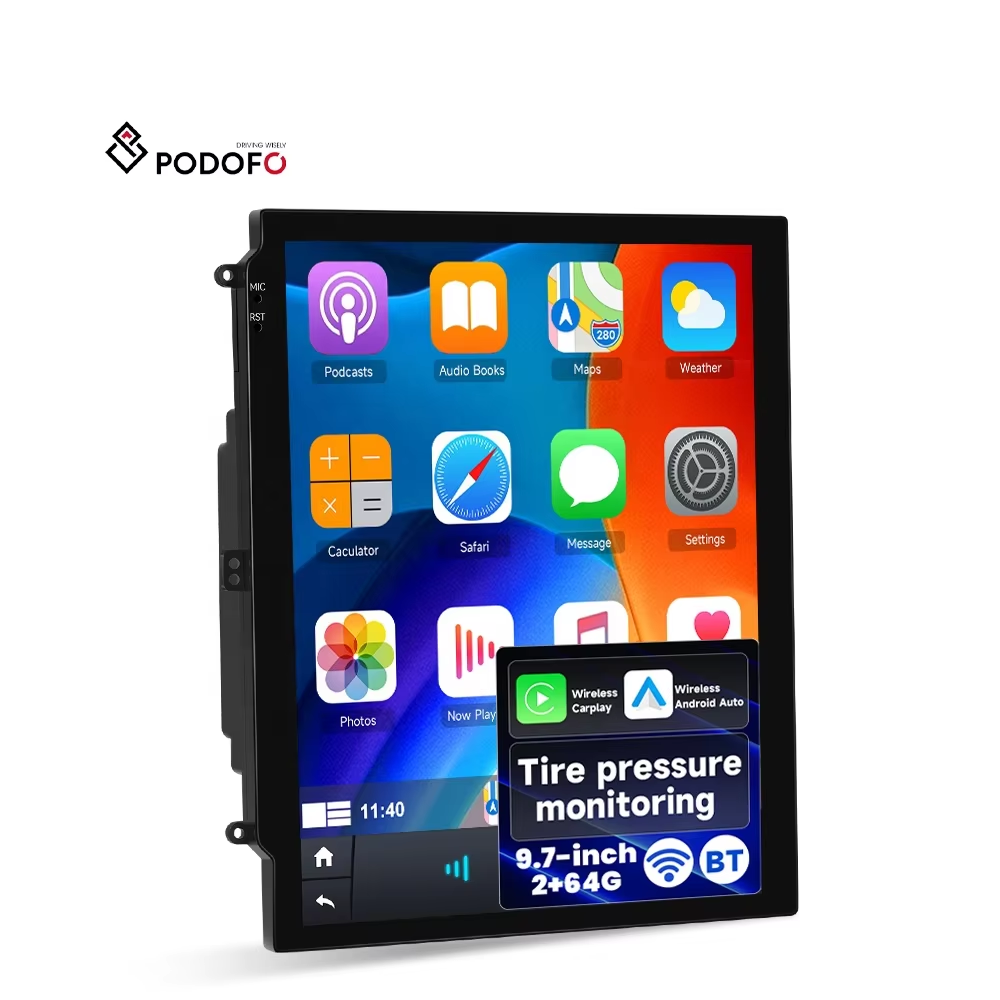 Podofo רדיו לרכב אנדרואיד 9.7 אינץ', 2+64 ג'יגה-בייט, סטריאו לרכב מסוג Double Din, ללא חוטים ל-Apple CarPlay ו-Android Auto, נגן אנדרואיד לרכב, GPS, מערכת זיהוי לחץ אוויר בצמיגים (TPMS), Wi-Fi, הספקן הטוב ביותר A4432