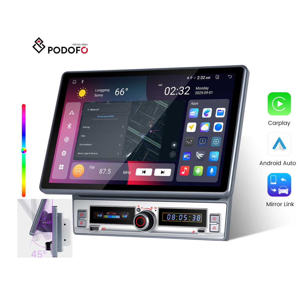 Podofo Skrin HD Irrotabbli ta' 11,5 pulzier Incell, Botton Waħda, Klijiet tal-Pjanu, Unità Double Din, Radiu għall-Awtomobil b'4+64G, CarPlay Wirjess / Android Auto, OEM A4515