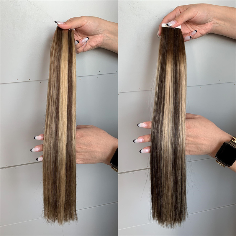 Dubbelupprullat vanligt band i hår sömlöst blekt rakt människohår Extensions med osynlig limfri vit osynlig band