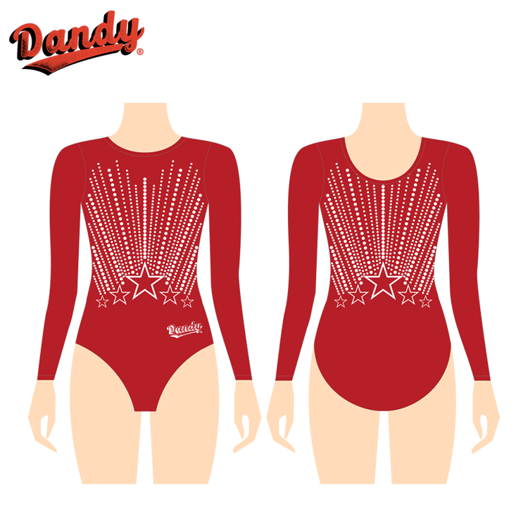 Błyszczący indywidualny leotard gimnastyczny z złotymi kamieniami szklanymi, rękawy laserowe, idealny na każdą rutynę