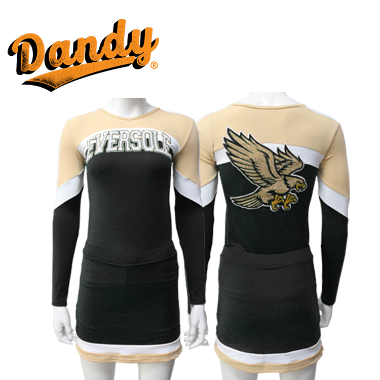 Jedinečný cheerleadingový úbor – Dlhoká tunika a suknica pre dievčatá, špandex, lycra, mystique, dostupný v detských a dospelých veľkostiach