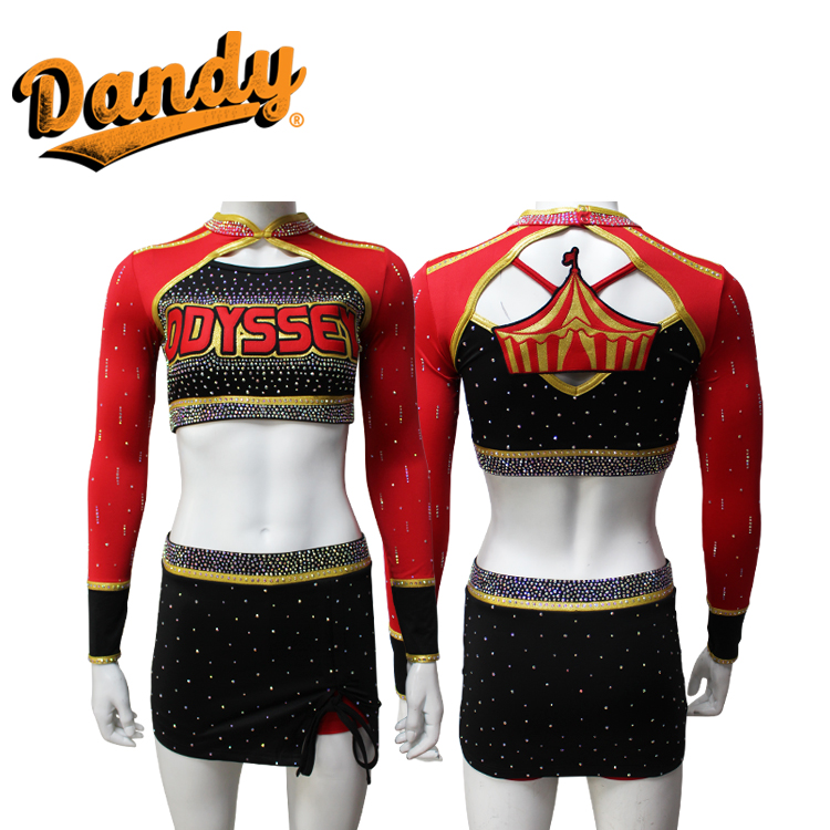 nowe projekty strojów cheerleadingowych z 2025 roku, niestandardowe stroje boczne z długimi rękawami, wybór uniformu cheerleadingowego w kolorze galaktyczna czerwień i czarny
