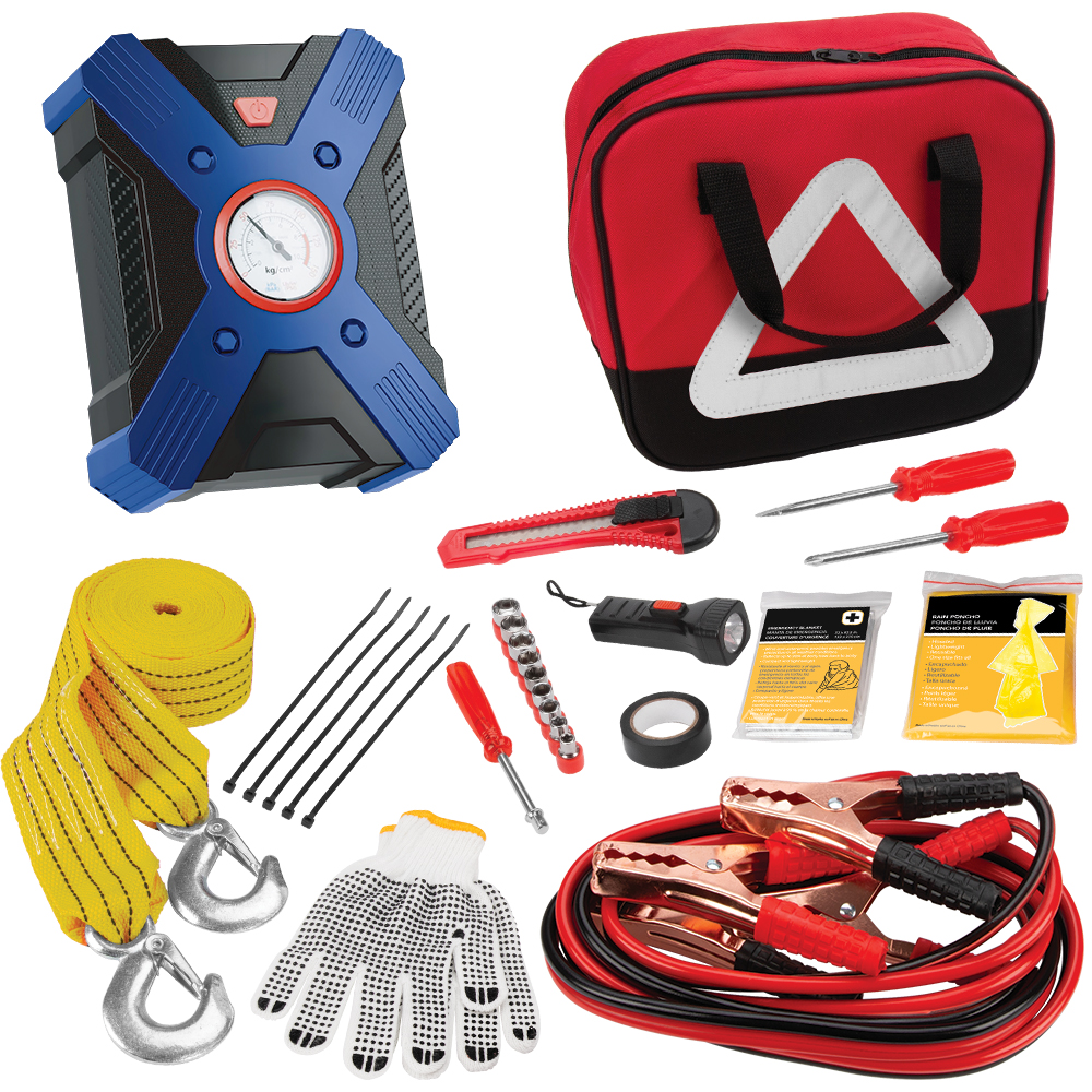 휴대용 12V 에어 컴프레서, 부스터 케이블, 손전등, 견인 로프가 포함된 33점 세트 프리미엄 길가 구조 키트