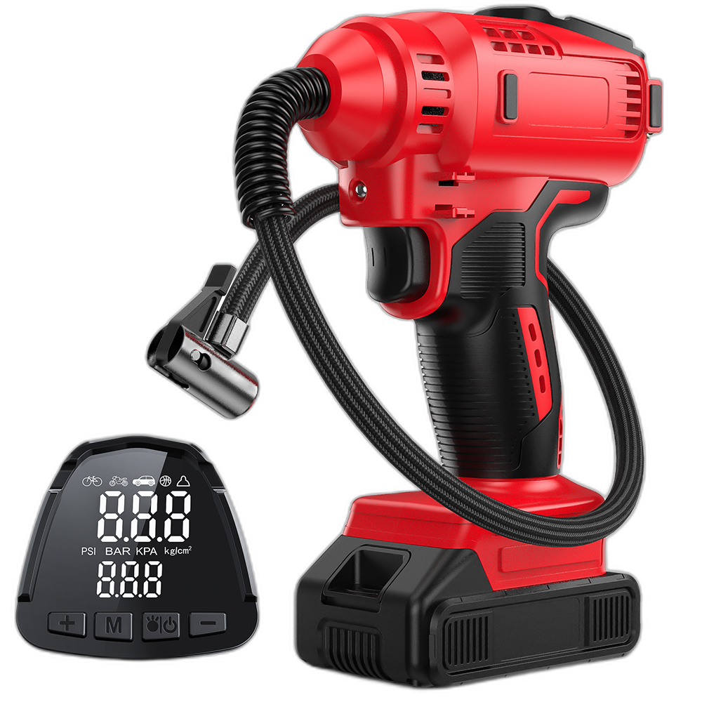 Przenośny bezprzewodowy pompka do opon z wymienną baterią 20 V i adapterem zasilania samochodowego 12 V, z cyfrowym manometrem