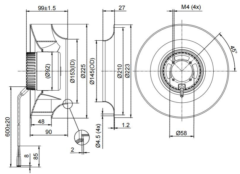 225mm DC 24V backward curved centrifugal fan with support bracket factory