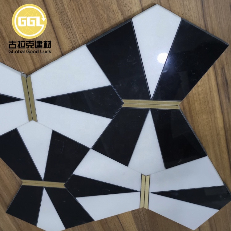 Polished Nature Marble Mix Brass Waterjet Mosaic Tile for Wall Decoration
