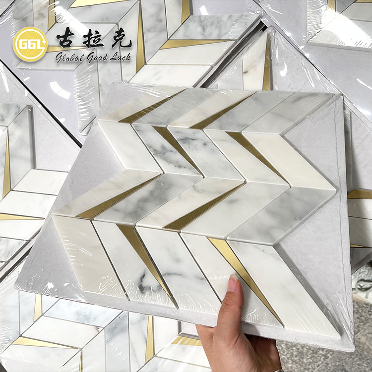 Calacatta Gold Marble Mixed Brass Chevron Mosaic Mosaic Tile