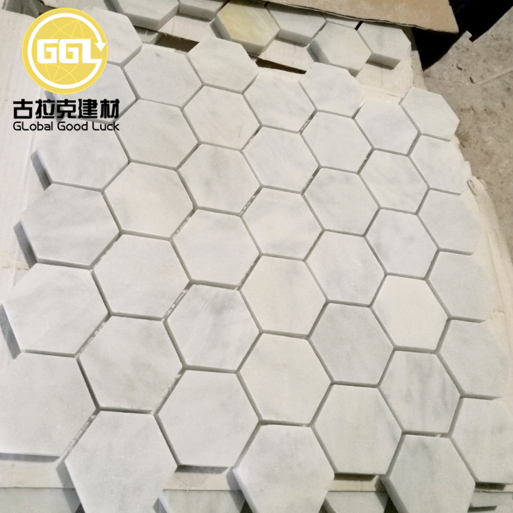 Hexagon Shape Carrara White Marble Mosaic Tiles