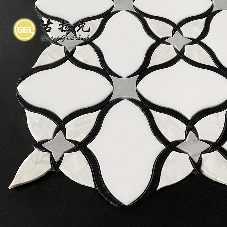Flower Design Black White Marble Mix Pearl Shell Mosaic Tile