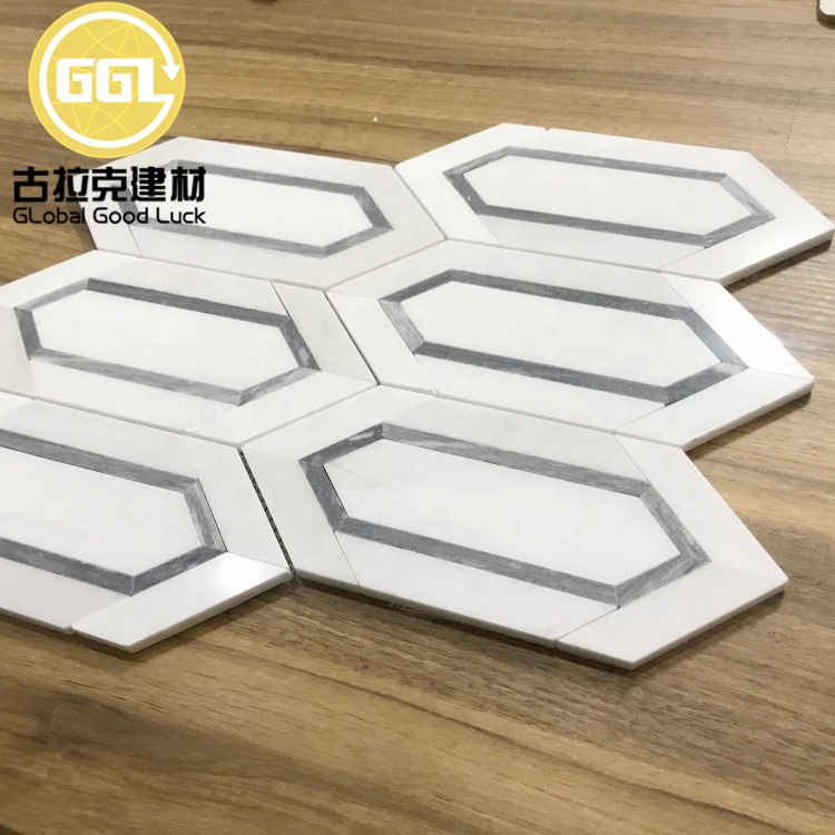 Stainless Steel Mix Metal Mosaic Tile Long Strip Hexagon Pattern Mosaic Tile White Mix Silver Marble Tile for Wall Decor