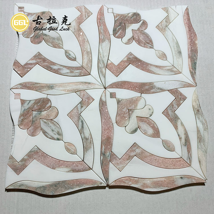Thassos White Mix Rosso Norwegian Flower Patterns Marble Waterjet Mosaic Tile