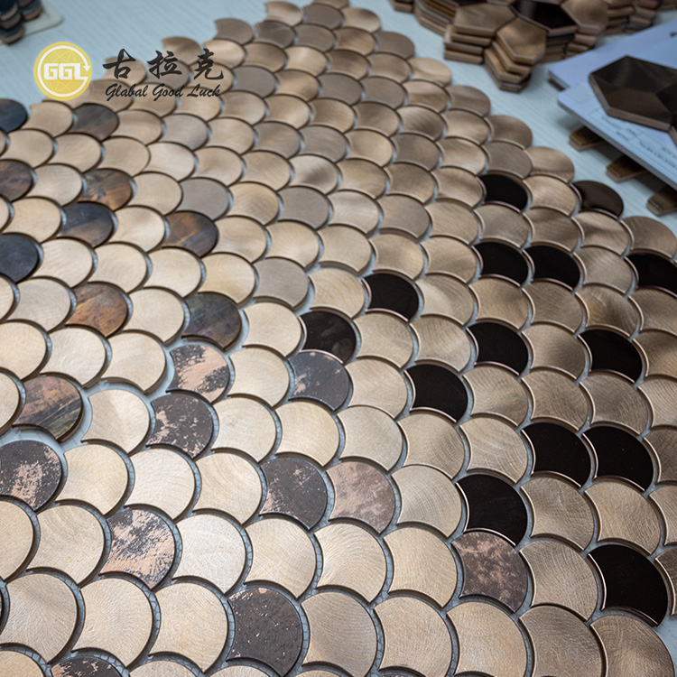 Fan Shape Metal Mosaic Mirror Design Wood Style Backsplash Wall Tile