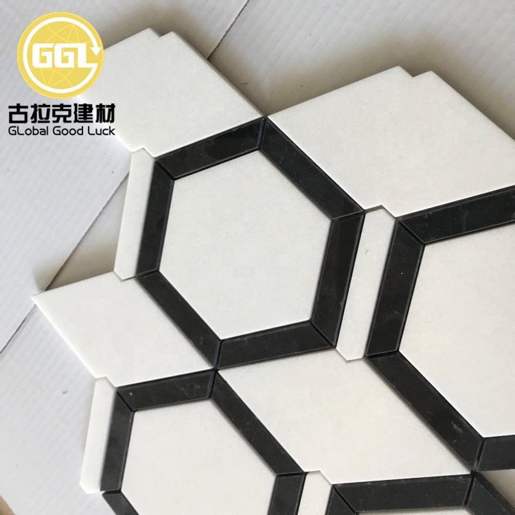 Hexagonal Black Edge Pure White Marble Mosaic Tile for Bathroom or Toilet