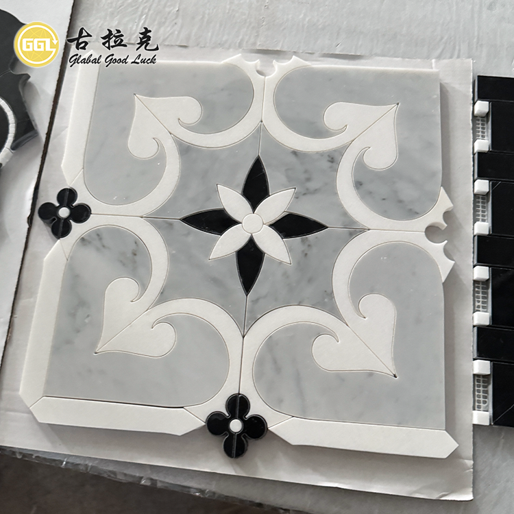 Gray & White Flower Pattern Waterjet Marble Mosaic for Wall Floor Decor