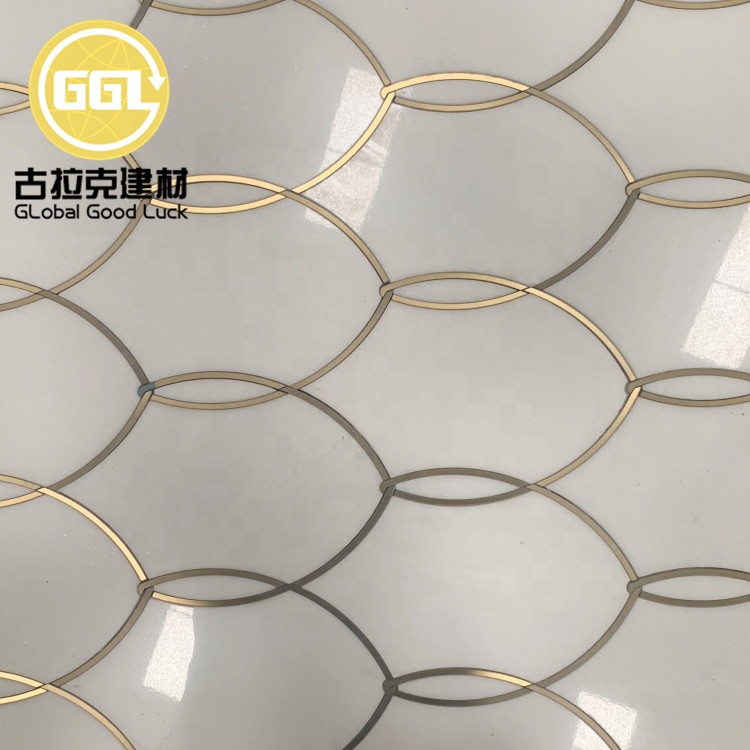 Thassos White Brass Edging Marble Irregular Waterjet Mosaic Tile Wall Flooring