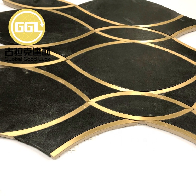 Golden Lines Brass Inlay Black Marble Waterjet Mosaic Tile Parquet Size for Interior Decoration
