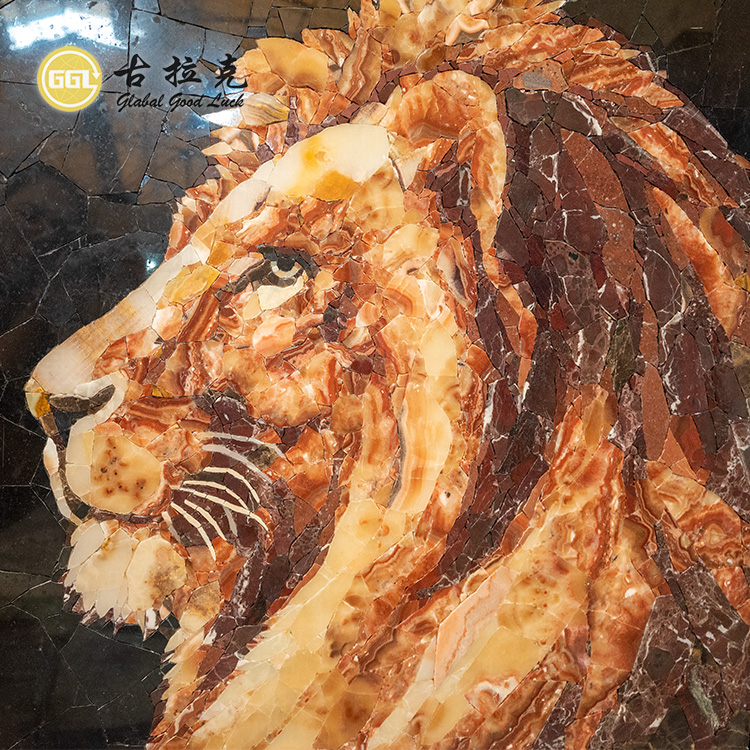 Art Mural Mosaic Natural Stone Lion Pattern Hand-cut Customized Wall Decor