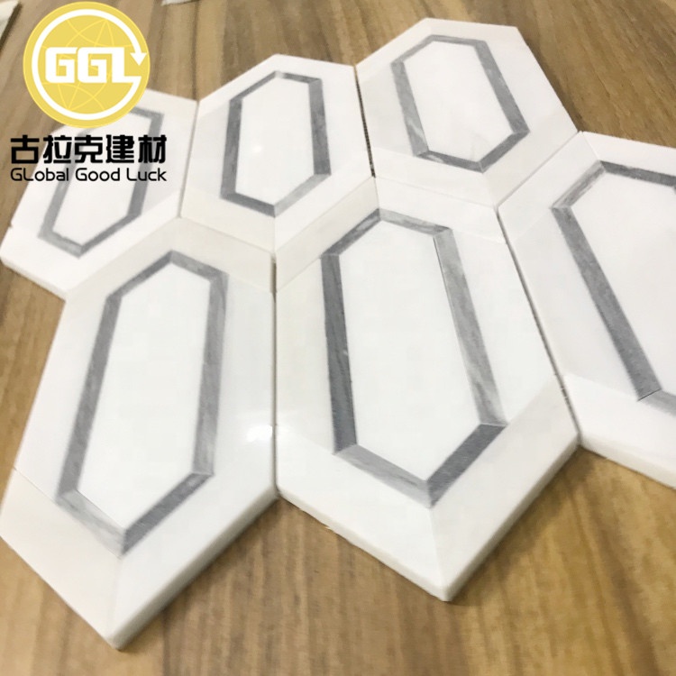 Stainless Steel Mix Metal Mosaic Tile Long Strip Hexagon Pattern Mosaic Tile White Mix Silver Marble Tile for Wall Decor