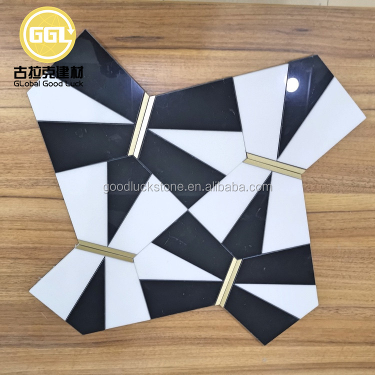 Polished Nature Marble Mix Brass Waterjet Mosaic Tile for Wall Decoration