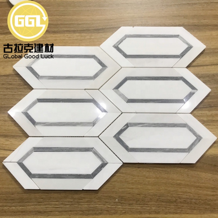 Stainless Steel Mix Metal Mosaic Tile Long Strip Hexagon Pattern Mosaic Tile White Mix Silver Marble Tile for Wall Decor