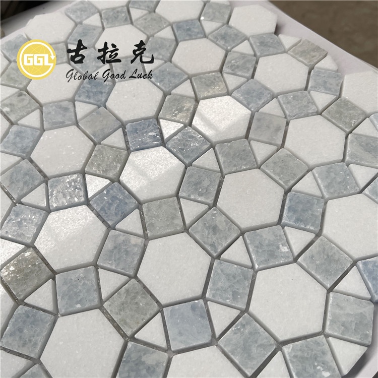 Thassos White Mix Blue Marble Hexagon Parquet Feature Marble Mosaic For Floor and Wall Tiles