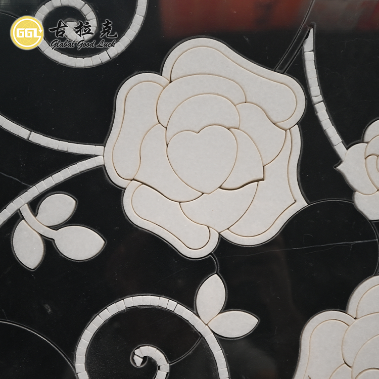 Luxury Design Black Mix White Marble Flower Pattern Waterjet Mosaic Tile Interior Decor