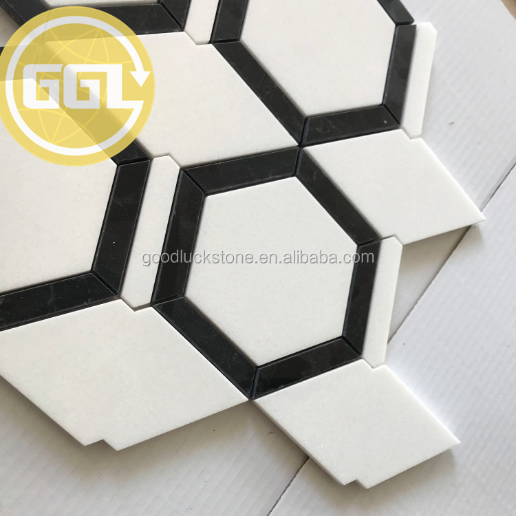 Hexagonal Black Edge Pure White Marble Mosaic Tile for Bathroom or Toilet