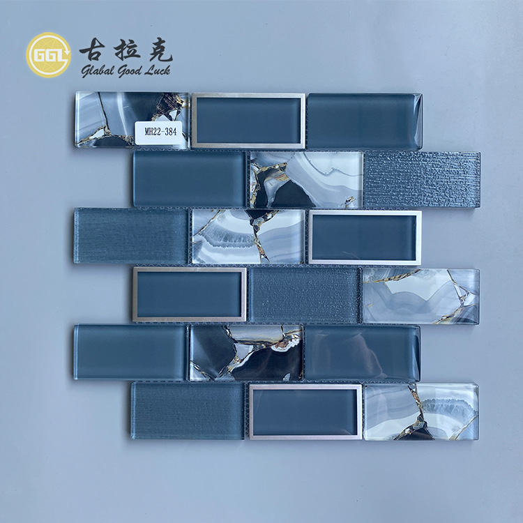 Blue Crystal Glass Blend Sliver Edged Glossy Mosaic for TV Background Wall Decor