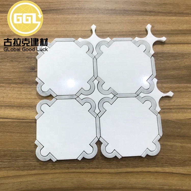 Thassos White Marble with Grey Stone Edge Waterjet Mosaic Tile
