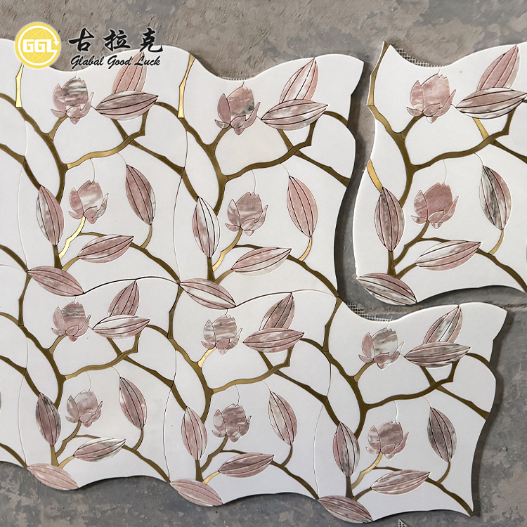 New Design Pink Flower Pattern Marble Waterjet Mosaic Inlay Brass Wall Floor Tile