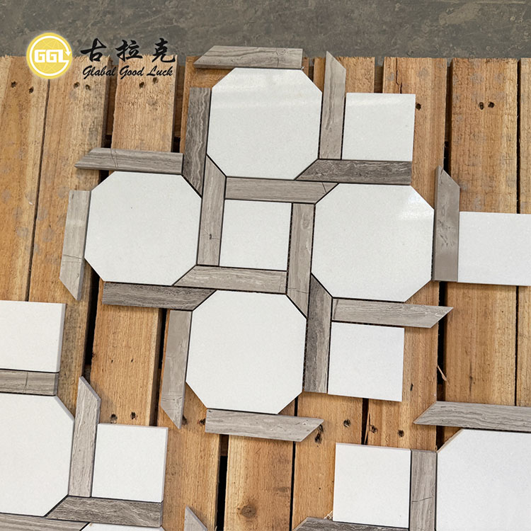 Wood Grain & White Marble Stone Mosaic Tile for Home Floor Wall