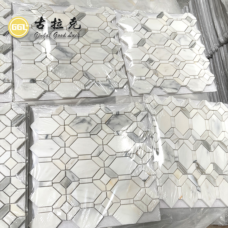 Combination Of Shapes Marble Calacatta Gold Mix Gray Marble Tile Hexagon Shape Tile For Bathroom Toilet Kitchen Decor