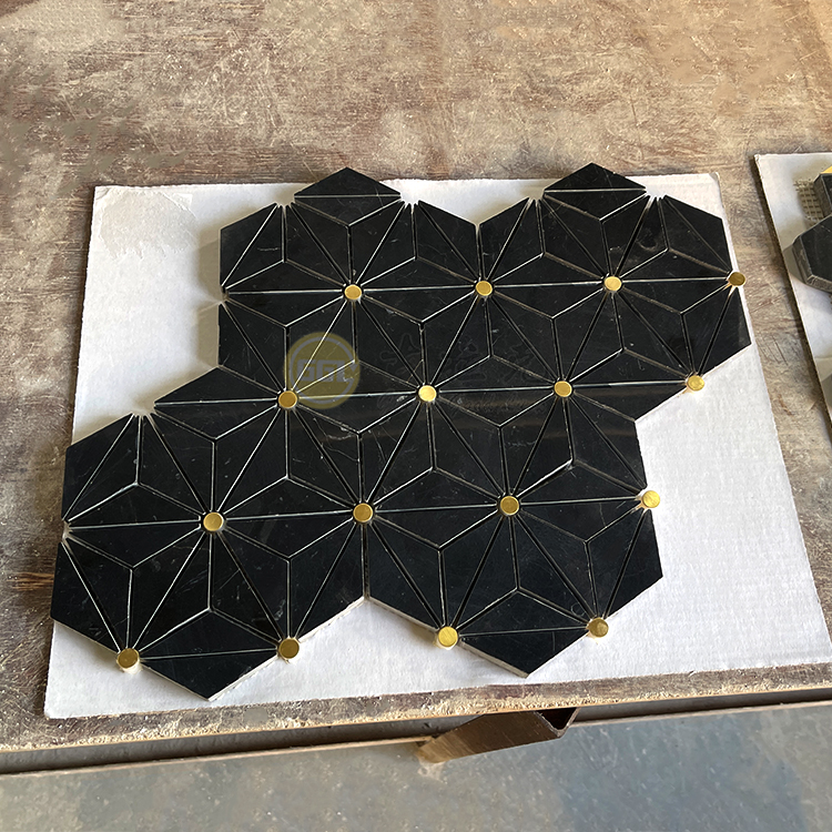 Atypical Style Mosaic Tile Black Mix Brass Dots Tile for Indoor /Outdoor Wall Floor Docer