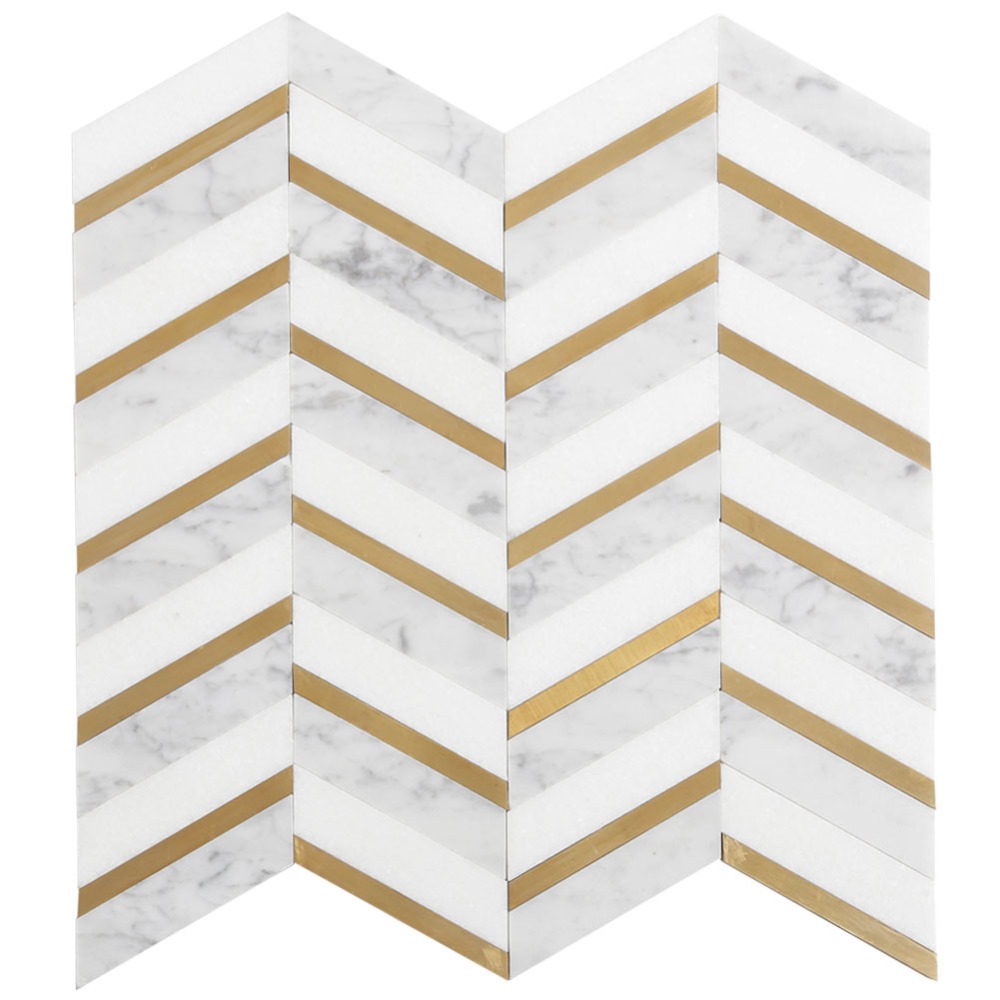 Natural White Marble Mix Brass Chevron Marble Mosaic Tile