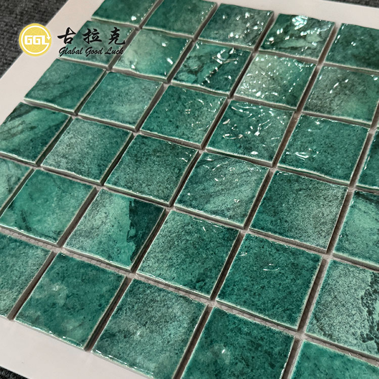 Wave Surface Green Square Shape Mosaic Ceramic Tiles For Wall Floor And Pool 