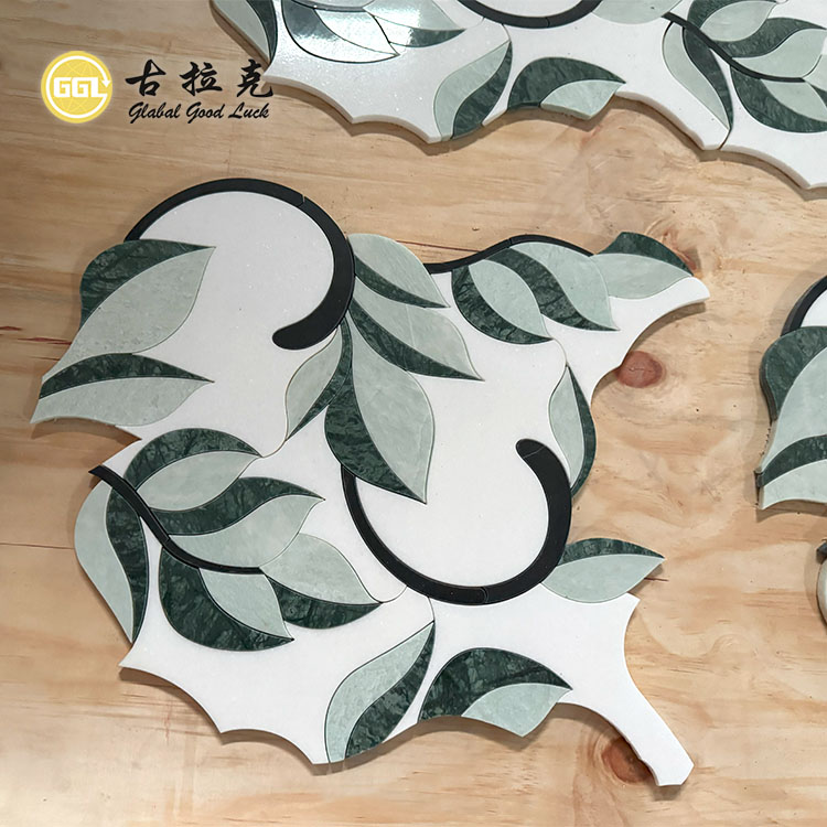 Natural Green Leaf Shape Pattern Waterjet Mosaic Tiles for Interior Decor