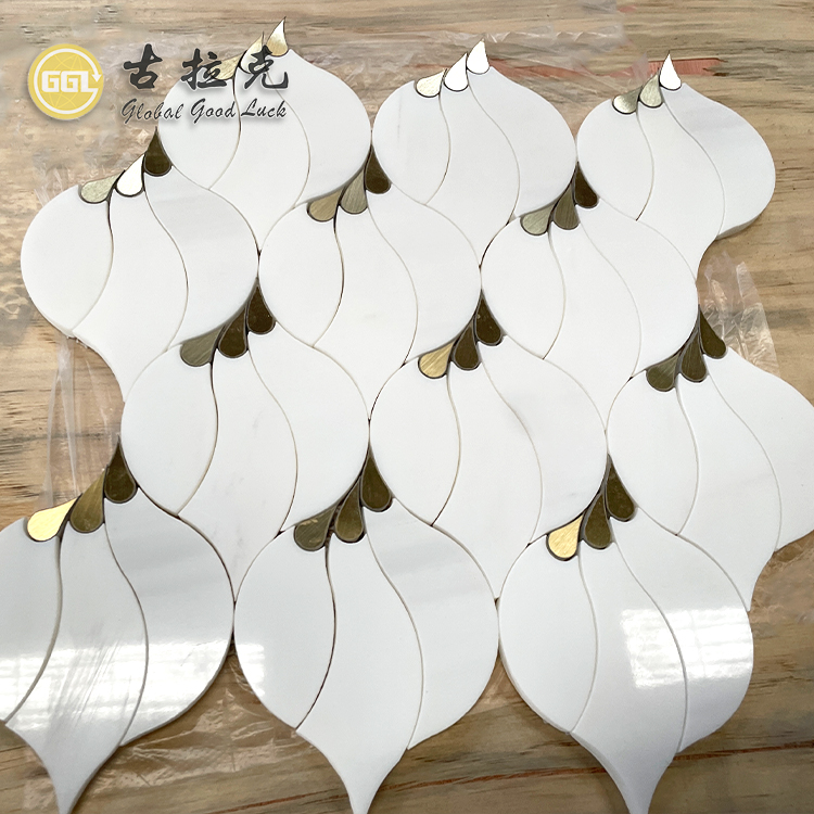 Thassos White Lantern Shape Marble Waterjet Mosaic Tile Inlay Brass Wall Flooring Tile