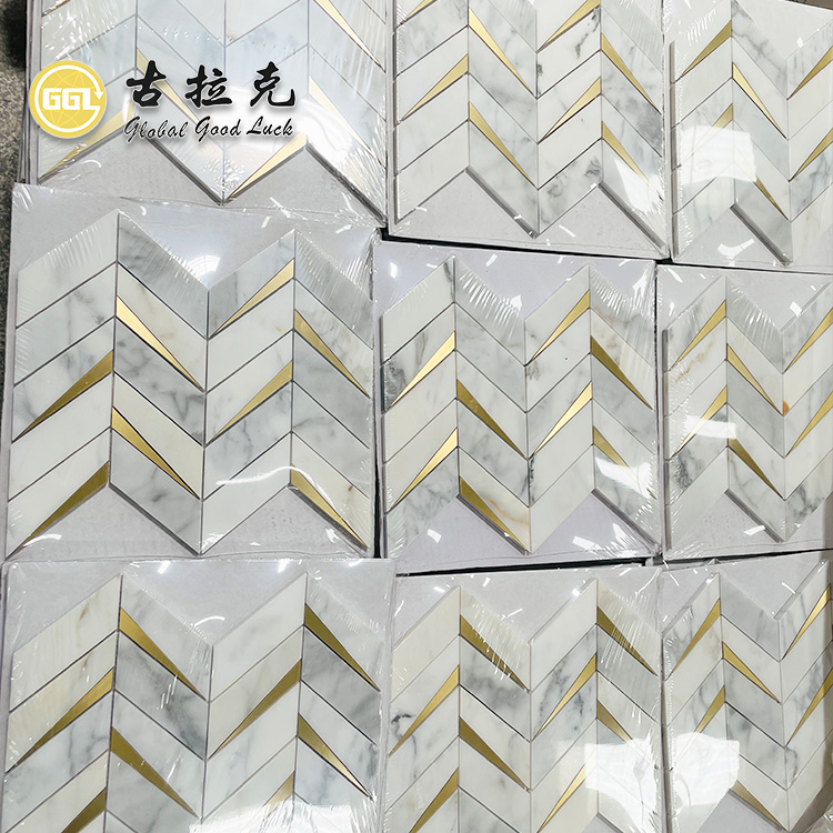 Calacatta Gold Marble Mixed Brass Chevron Mosaic Mosaic Tile