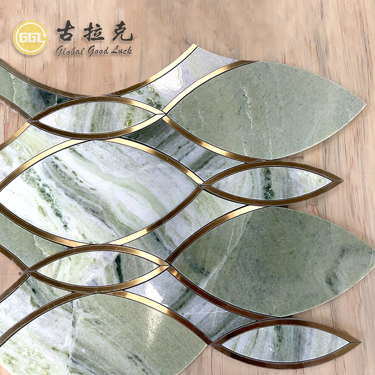 Natural Green Marble Waterjet Mosaic Tile Inlay With Brass Luxury Design