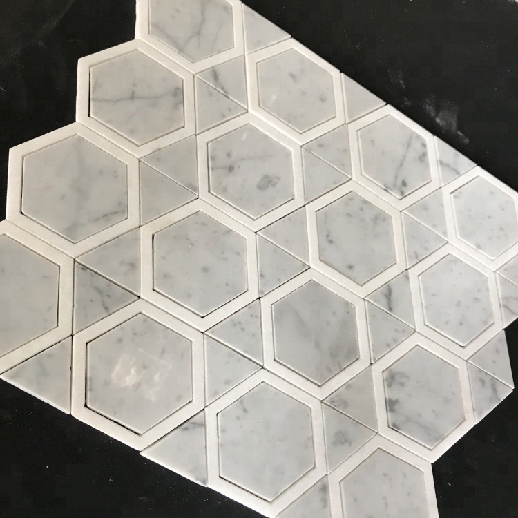 Hexagon Shape Mix Triangle Marble Carrara White Parquet Feature Marble Mosaic Tile