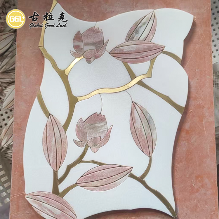 New Design Pink Flower Pattern Marble Waterjet Mosaic Inlay Brass Wall Floor Tile